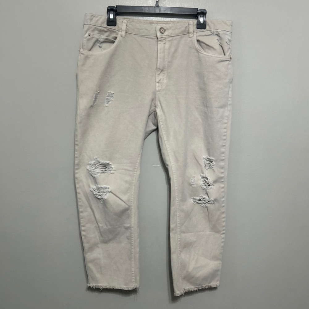 Zara Denim Capris 10 Khaki Tan Distressed Casual Chino Pants Streetwear Edgy